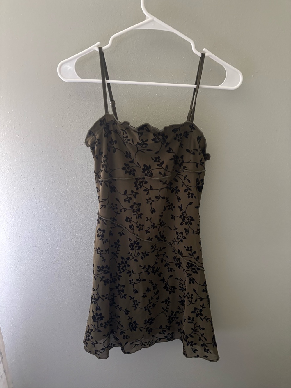 Olive Green Floral Slip Dress with Black Print